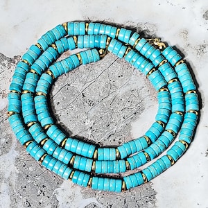Men&#39;s &quot;GOLD & TURQUOISE&quot; Necklace| Men&#39;s Gold Turquoise Gemstone Heishi Disc Beaded Necklace| Men&#39;s Turquoise Gold Necklace