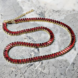 Men&#39;s &quot;GOLD GARNET BAGUETTE&quot; Necklace| Men&#39;s Garnet Cubic Zirconia Gold Stainless Steel Baguette Necklace| Men&#39;s January Birthstone