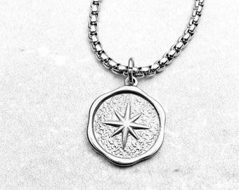Men's NORTH STAR COIN Necklace | Men's Hammered Silver Stainless Steel Northstar Coin Pendant Box Chain Necklace