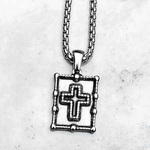 Herren RUSTIC CROSS TAG Halskette | Herren Silber Edelstahl Rustikal Kreuz Dog Tag Anhänger Box Kette Halskette