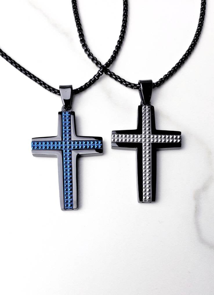 Men s Black Blue Stainless Steel Cross Pendant Necklace