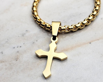 Men's SLEEK GOLD CROSS Necklace | Men's Gold Stainless Steel Mini Sleek Cross Pendant Box Chain Necklace