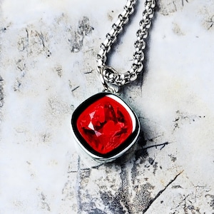 Men's SILVER RUBY AMULET Necklace | Men's Lab Grown Ruby Gemstone Silver Stainless Steel Pendant Necklace | Men's July Birthstone Necklace