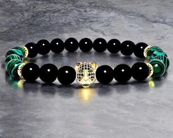 Men's EMERALD EYED TIGER Bracelet | Men's Pavé Cubic Zirconia Gold Stainless Steel Tiger Malachite Black Onyx Gemstone Beaded Bracelet