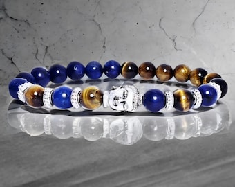 Men's BLUE BUDDHA Bracelet | Men's Silver Stainless Steel Buddha Blue Jasper Tiger Eye Gemstone Beaded Stretch Bracelet