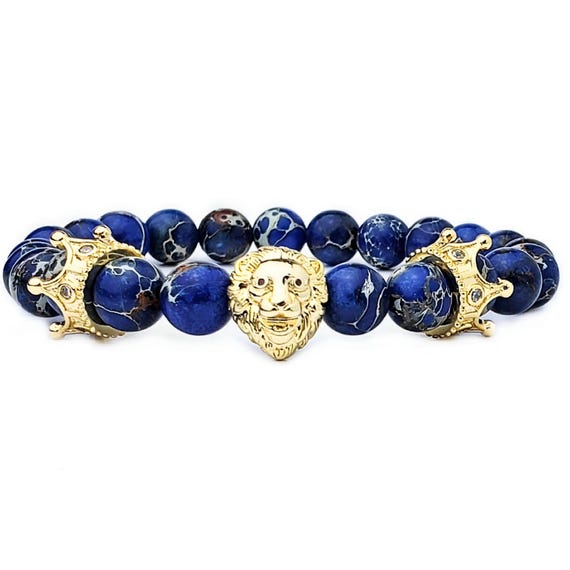 Men's GOLD CROWNED LION Bracelet | Men's Pavé Cubic Zirconia Gold Stainless Steel Lion Crown Crazy Lace Agate Gemstone Beaded Bracelet - Foto 2