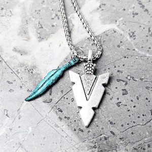 Men&#39;s &quot;TRIBAL FEATHERED ARROWHEAD&quot; Necklace| Men&#39;s Silver Rustic Tribal Arrowhead & Turquoise Patina Tribal Feather Pendant Necklace