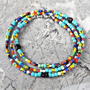 Men&#39;s &quot;TRIBAL STONE SKULL&quot; Necklace| Men&#39;s Turquoise Multicolor Africa Seed Bead Black Stone Skulls Necklace| Mens Tribal Seed Bead Necklace