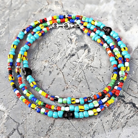 メンズ トライバル スカル ビーズ ネックレス | メンズ ターコイズ