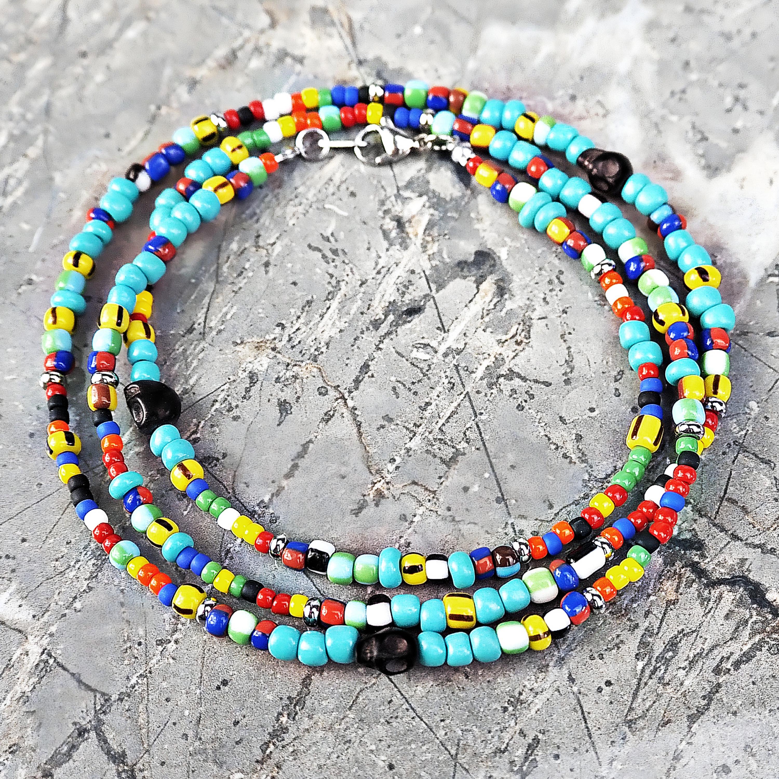 メンズ トライバル スカル ビーズ ネックレス | メンズ ターコイズ