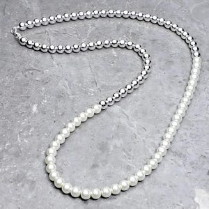 Men&#39;s &quot;PLATINUM & PEARL&quot; Necklace| Men&#39;s Platinum Silver Hematite Ivory Shell Pearls Gemstone Necklace| Men&#39;s Silver Pearl Beaded Necklace