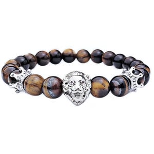 Men&#39;s &quot;PLATINUM CROWNED LION&quot; Bracelet| Men&#39;s Pavé Cubic Zirconia Platinum Lion Crowns Bracelet| Men&#39;s Tiger Eye Gemstone Lion Bracelet