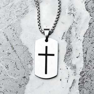 Men's CROSS DOG TAG Necklace | Men's Matte Silver & Black Stainless Steel Cross Dog Tag Pendant Box Chain Necklace