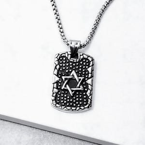 Men&#39;s &quot;STAR of DAVID ROCK&quot; Necklace| Men&#39;s Silver & Black Stainless Steel Star of David Dog Tag Pendant Necklace| Men&#39;s Box Chain Necklace
