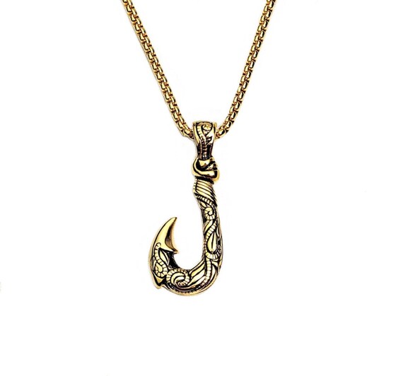 Mens Necklace Mens Pendant Fish Hook Chain Necklace Fishing Gift for Man  Cool Surfer Beach Jewelry Boho Masculine Necklace Antique Brass