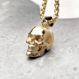 Men's "GOLD RUSTIC SKULL" Necklace| Men's Gold Stainless Steel Skull Pendant Necklace| Men's Gold Stainless Steel Box Chain Necklace