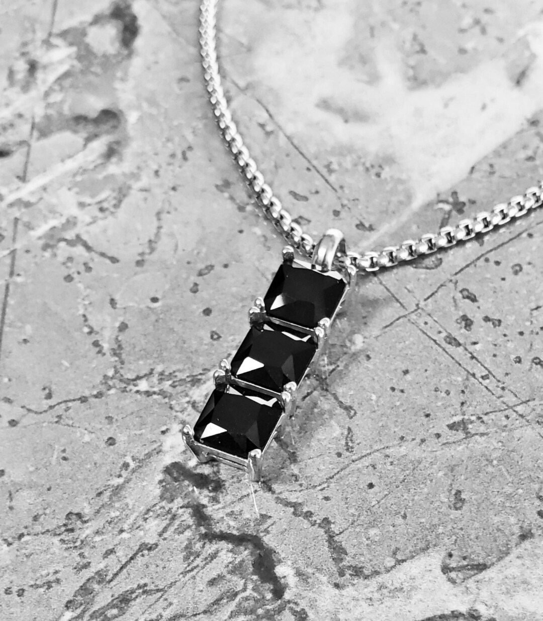 Men's silver ONYX Bar Necklace Men's Silver Stainless Steel Black Onyx