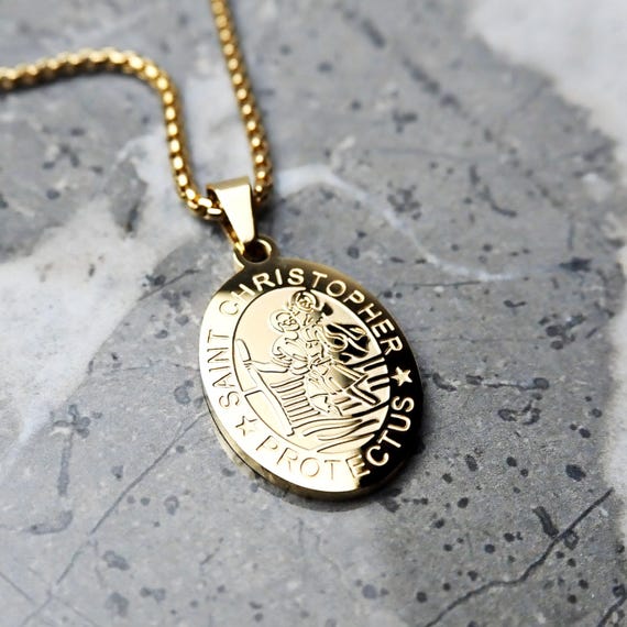 Men's SAINT CHRISTOPHER MEDALLION Necklace | Men's Gold Stainless Steel Saint Christopher Medallion Pendant Box Chain Necklace
