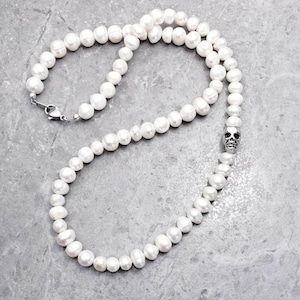 Men&#39;s &quot;SKULL & PEARL&quot; Necklace| Men&#39;s Silver Skull Freshwater Baroque Pearls Beaded Necklace| Men&#39;s Silver Skull Pearl Beaded Necklace