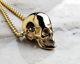 Men's GOLD RUSTIC SKULL Necklace | Men's Gold Stainless Steel Rustic Skull Pendant Box Chain Necklace