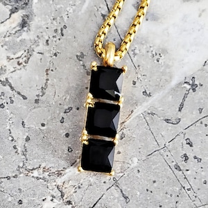 Men's GOLD ONYX BAR Necklace | Men's Black Onyx Gemstones Gold Stainless Steel Bar Tag Pendant Box Chain Necklace