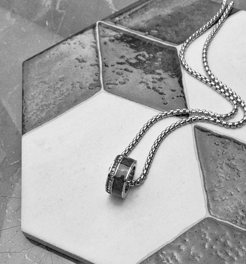Men's black CARBON Fiber Necklace Men's Pavé Cubic Zirconia Silver