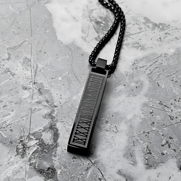 Men's ROMAN NUMERALS BAR Necklace | Men's Black Stainless Steel Roman Numerals Bar Tag Pendant Box Chain Necklace