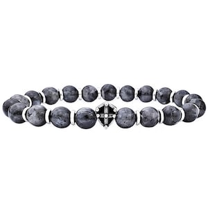 &quot;Herren &quot;STEEL SHIELD&quot; Armband | Herren Silber Edelstahl Schild Perlen Armband | Herren Labradorit Mondstein Edelstein Armband