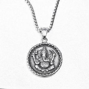 Men's "GANESH AMULET" Necklace| Men's Silver & Black Stainless Steel Ganesh Amulet Pendant Necklace| Men's Silver Box Chain Necklace