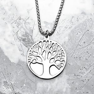Men&#39;s &quot;TREE OF LIFE&quot; Necklace| Men&#39;s Silver Stainless Steel Tree of Life Medallion Pendant Necklace| Men&#39;s Silver Box Chain Necklace