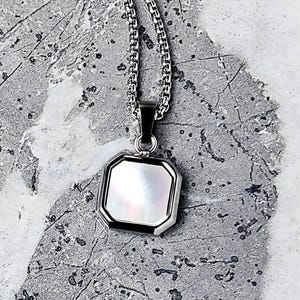 Men&#39;s &quot;MOTHER OF PEARL&quot; Necklace| Men&#39;s Silver Stainless Steel Mother of Pearl Octagon Inlay Square Pendant Necklace| Men&#39;s Chain Necklace