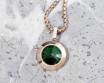 Men's ROSE GOLD EMERALD Necklace | Men's Emerald Crystal Rose Gold Stainless Steel Coin Pendant Box Chain Necklace | Men's May Birthstone