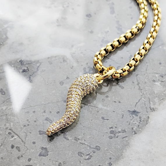 Men's GOLD PAVÉ CORNICELLO Necklace Mens Pavé Cubic Zirconia