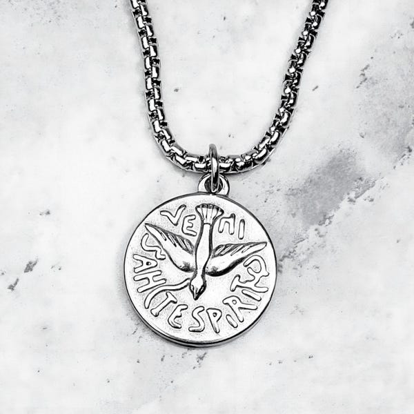Men's VENI SANCTE SPIRITUS Necklace | Men's Silver Stainless Steel Veni Sancte Spiritus Coin Pendant Box Chain Necklace