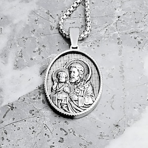 Men&#39;s SAINT JOSEPH AMULET Necklace | Men&#39;s Silver Stainless Steel Saint Joseph Amulet Pendant Box Chain Necklace