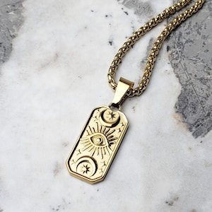 Collier homme « PROTECTION EVIL EYE » | Collier pendentif Evil Eye homme en acier inoxydable doré | Collier en or à pendentif chaîne carrée pour homme