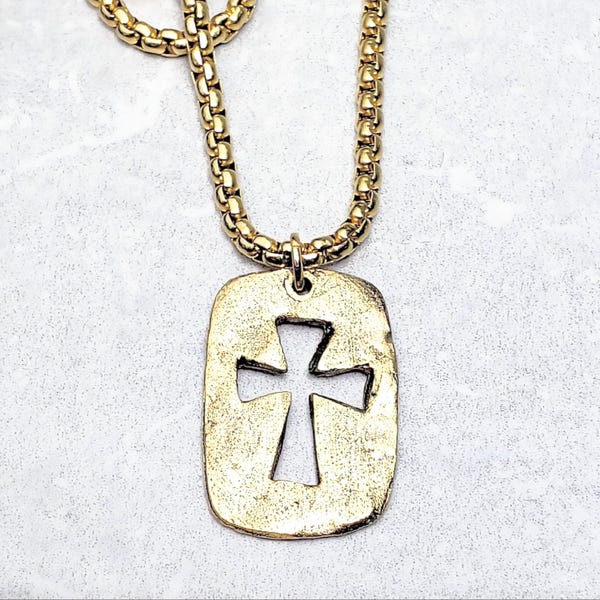 Men's RUSTIC CROSS TAG Necklace | Men's Gold Stainless Steel Rustic Cross Dog Tag Pendant Box Chain Necklace