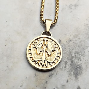Men's "VENI SANCTE SPIRITUS" Necklace| Men's Gold Stainless Steel Veni Sancte Spiritus Coin Medallion Necklace| Men Gold Box Chain Necklace