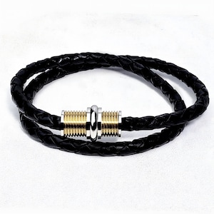 Men&#39;s &quot;STEEL LEATHER WRAP&quot; Bracelet| Men&#39;s Black Braided Leather Double Wrap Bracelet| Gold Silver Stainless Steel Magnetic Clasp Bracelet