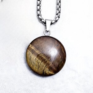Men's "TIGER EYE COIN" Pendant Necklace| Men's Tiger Eye Gemstone Coin Pendant Necklace| Men's Silver Stainless Steel Box Chain Necklace