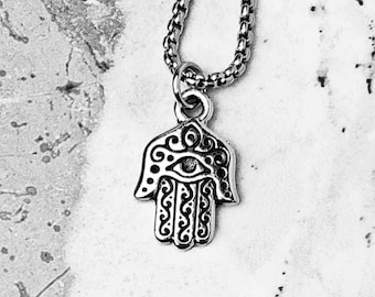 Men's HAMSA EVIL EYE Necklace | Men's Silver & Black Stainless Steel Hamsa Evil Eye Pendant Box Chain Necklace