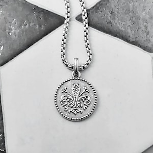 Men&#39;s &quot;RUSTIC FLEUR de LIS&quot; Necklace| Men&#39;s Silver Stainless Steel Rustic Fleur de Lis Coin Pendant Necklace| Men&#39;s Fleur de Lis Necklace