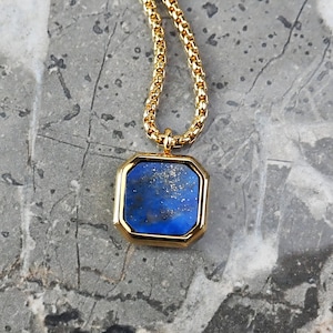 Men&#39;s &quot;GOLD LAPIS SQUARE&quot; Necklace| Men&#39;s Gold Stainless Steel Lapis Lazuli Gemstone Octagon Inlay Square Pendant Necklace| Men&#39;s Gold Chain