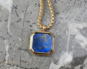 Men's GOLD LAPIS SQUARE Necklace | Men's Lapis Lazuli Gemstone Octagon Inlay Gold Stainless Steel Square Pendant Box Chain Necklace