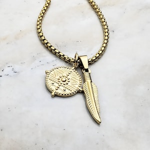 Men&#39;s &quot;TRIBAL SHIELD & FEATHER&quot; Necklace| Men&#39;s Gold Stainless Steel Tribal Shield Feather Pendant Necklace| Men&#39;s Gold Box Chain Necklace