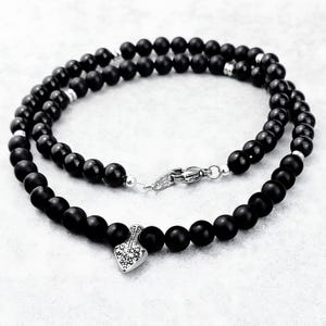 Men&#39;s &quot;DARK SHIELD&quot; Necklace| Men&#39;s Silver Stainless Steel Shield Beaded Necklace| Men&#39;s Black Onyx Matte Black Onyx Gemstone Clasp Necklace