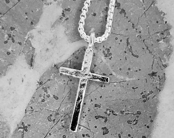 Men&#39;s &quot;RUSTIC PLATINUM CROSS&quot; Necklace| Men&#39;s Platinum Stainless Steel Rustic Cross Pendant Necklace| Men&#39;s Platinum Box Chain Necklace
