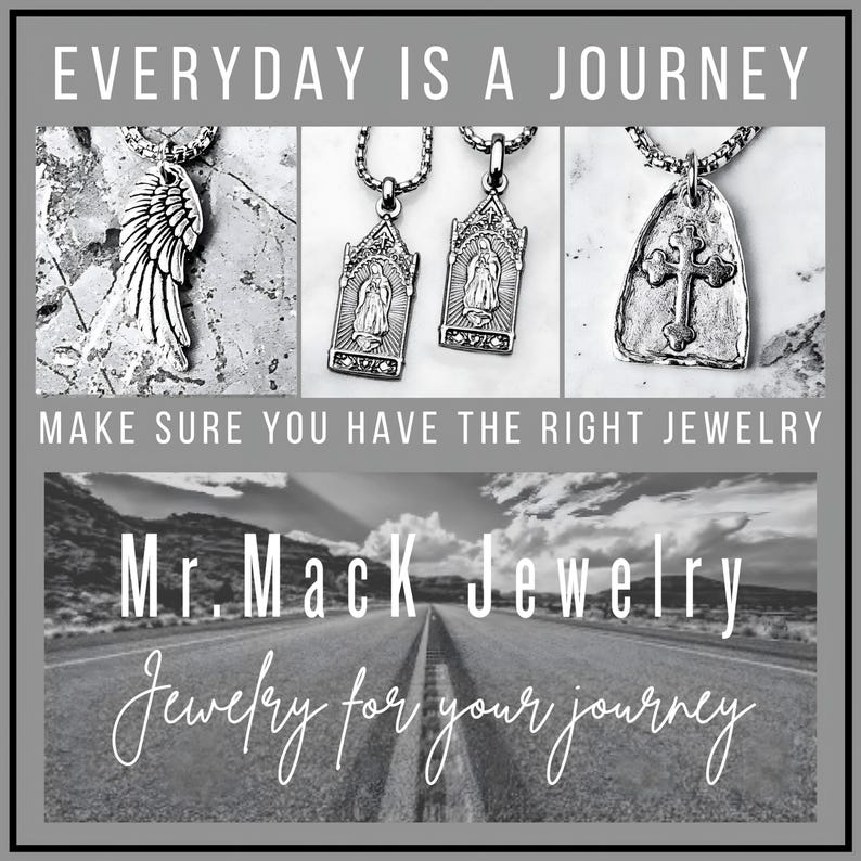 May include: An advertisement for silver pendant necklaces. The image shows three designs: a wing, two religious figures, and a cross. The text reads "EVERYDAY IS A JOURNEY" and "MAKE SURE YOU HAVE THE RIGHT JEWELRY." The brand is "Mr. MacK Jewelry."
