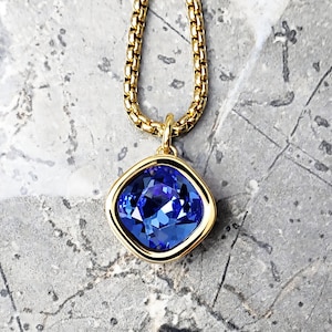 Men&#39;s &quot;GOLD SAPPHIRE&quot; Necklace| Men&#39;s Gold Stainless Steel Sapphire Gemstone Pendant Necklace| Men&#39;s Gold Chain September Birthstone Pendant