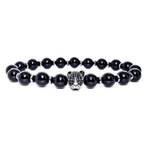 Men&#39;s EMERALD EYED TIGER Bracelet | Men Pavé Emerald Cubic Zirconia Black Stainless Steel Tiger Black Onyx Silver Hematite Gemstone Bracelet